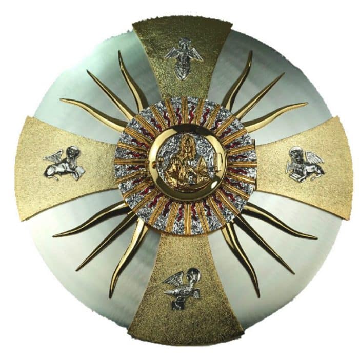 铸造黄铜壁挂圣体龛，带四福音像和展示，直径58厘米，内盒27x27x26厘米 Catholic religious art