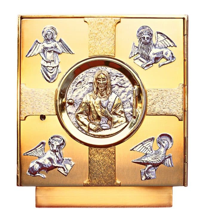 铸造黄铜桌面圣体龛，带四福音像和展示，尺寸（宽x高x深）25x29x25厘米 Catholic religious art
