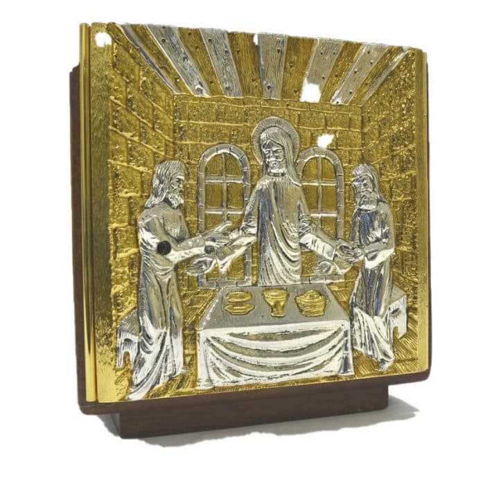 木制桌面圣体龛，双色黄铜铸造门（银/金），内饰24K金色，尺寸（宽x高x深）22x22x22厘米 Catholic religious art