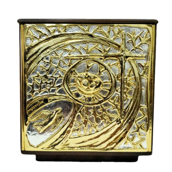木制桌面圣体龛，双色黄铜铸造门（银/金），内饰24K金色，尺寸（宽x高x深）22x22x22厘米 Catholic religious art