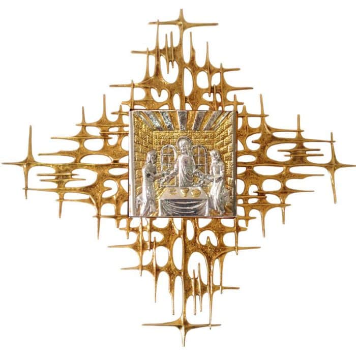 壁挂式圣体龛，双色黄铜铸造门（银/金），内饰24K金色，尺寸（宽x高x深）22x22x22厘米，放射线73x73厘米 Catholic religious art