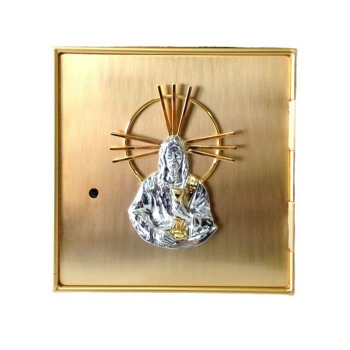铸造黄铜壁挂圣体龛，门尺寸20x20厘米，内盒20x20x20厘米，放射线29x29厘米 Catholic religious art