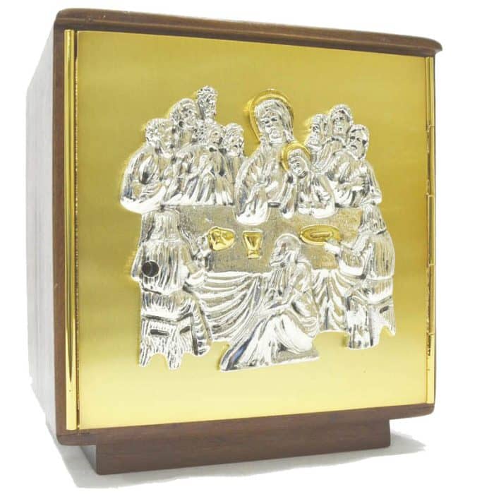 木制桌面圣体龛，带黄铜铸造门，尺寸（宽x高x深）23x24x22厘米 Catholic religious art