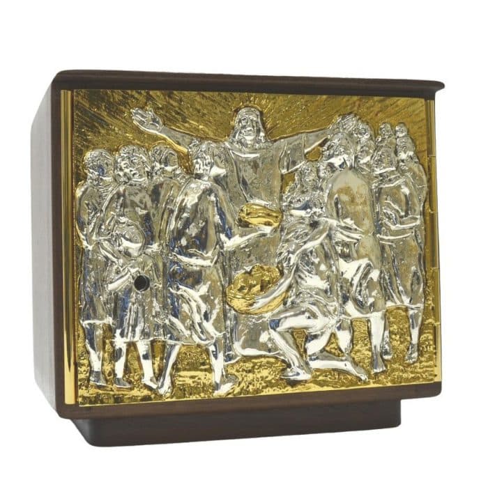 木制桌面圣体龛，带黄铜铸造门，尺寸（宽x高x深）21x18x18厘米 Catholic religious art