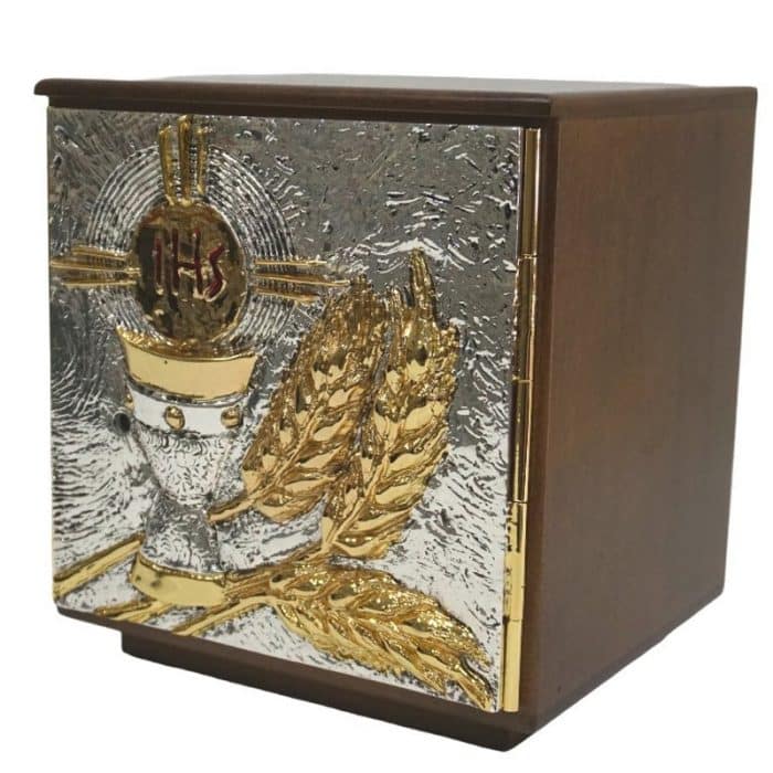 带木盒和铸造门的圣体龛，带圣爵图案，门尺寸22x22厘米，内盒22x22x22厘米 Catholic religious art