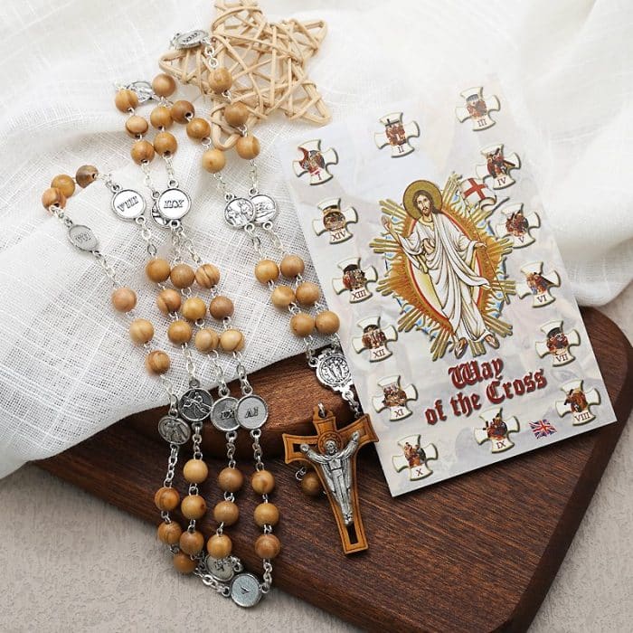 苦路主题高品质橄榄木念珠 - 附苦路经文 - 意大利制作 Catholic religious art