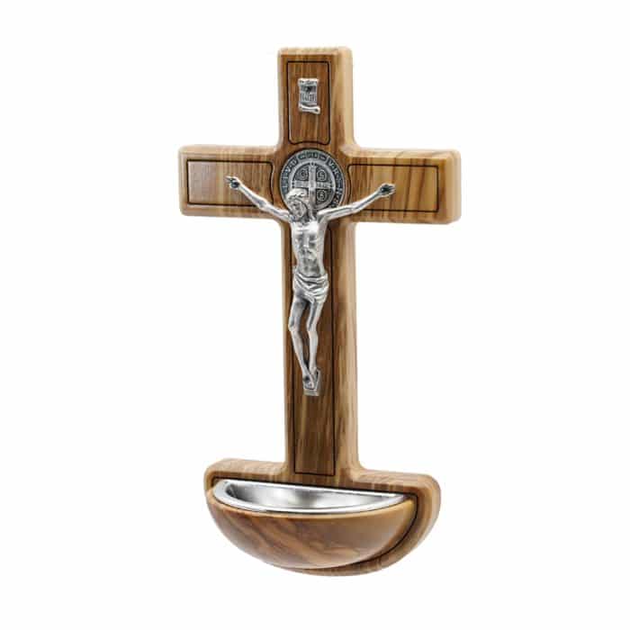 圣水池-十字架橄榄木-带圣尸镀银-19x10.5cm Catholic religious art