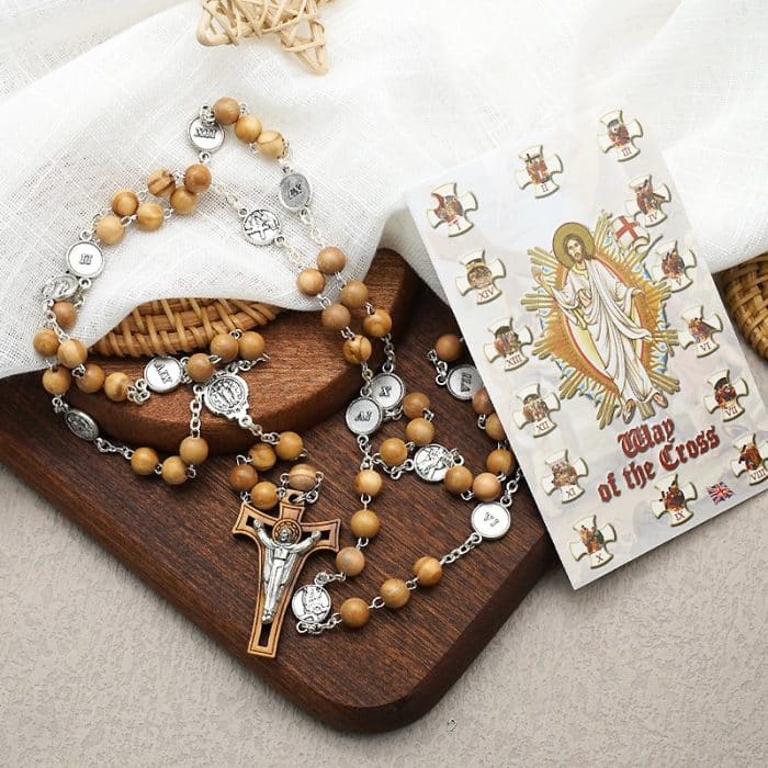 苦路主题高品质橄榄木念珠 - 附苦路经文 - 意大利制作 Catholic religious art
