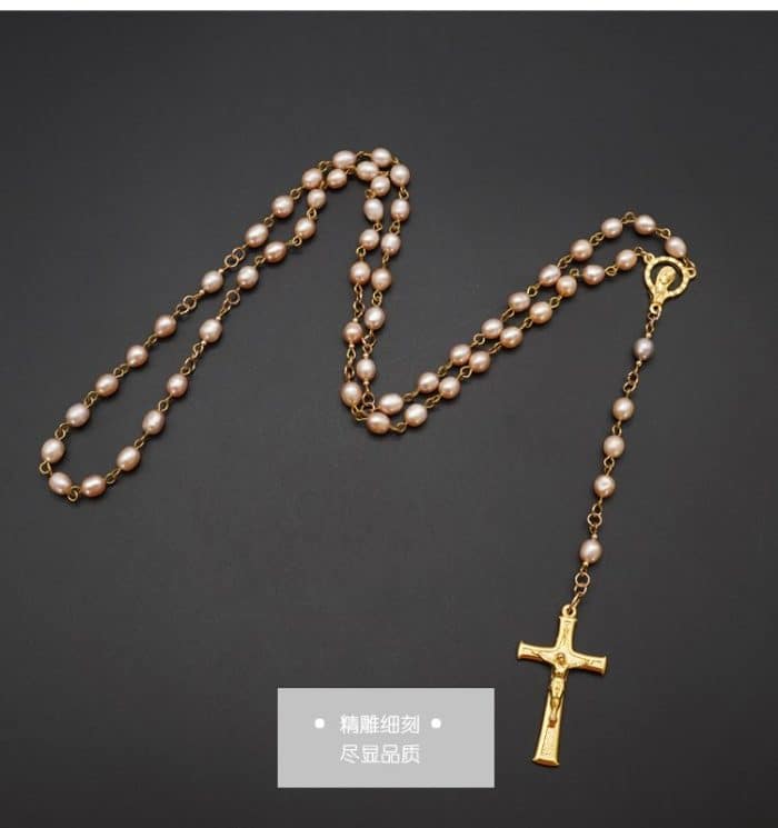 6毫米天然粉色椭圆珍珠玫瑰念珠 - 金色中心挂件与苦像 Catholic religious art