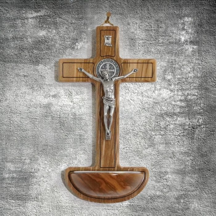 圣水池-十字架橄榄木-带圣尸镀银-19x10.5cm Catholic religious art