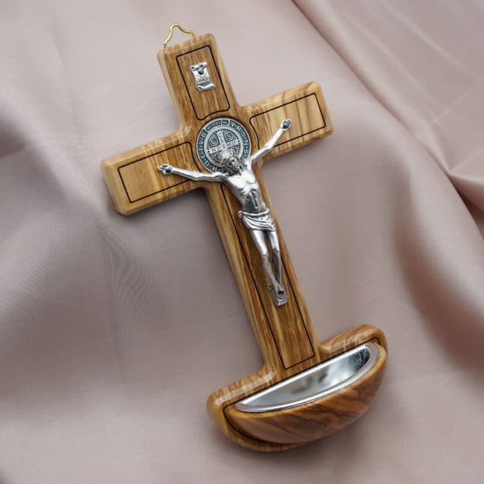 圣水池-十字架橄榄木-带圣尸镀银-19x10.5cm Catholic religious art