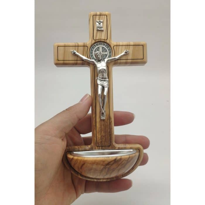 圣水池-十字架橄榄木-带圣尸镀银-19x10.5cm Catholic religious art