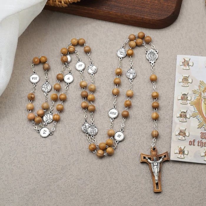 苦路主题高品质橄榄木念珠 - 附苦路经文 - 意大利制作 Catholic religious art