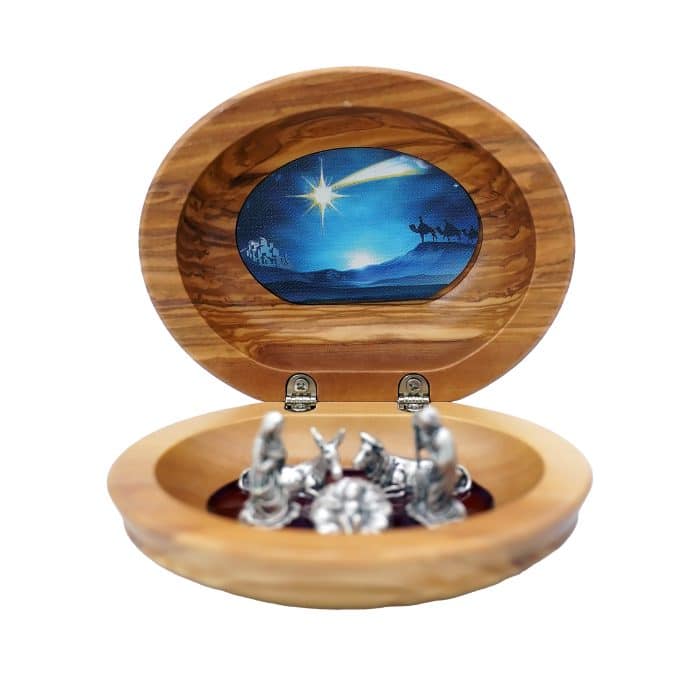 马槽-椭圆盒-橄榄木-珐琅处理彗星图案-金属组-11x11.5cm Catholic religious art