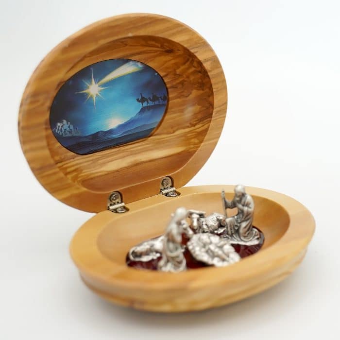 马槽-椭圆盒-橄榄木-珐琅处理彗星图案-金属组-11x11.5cm Catholic religious art