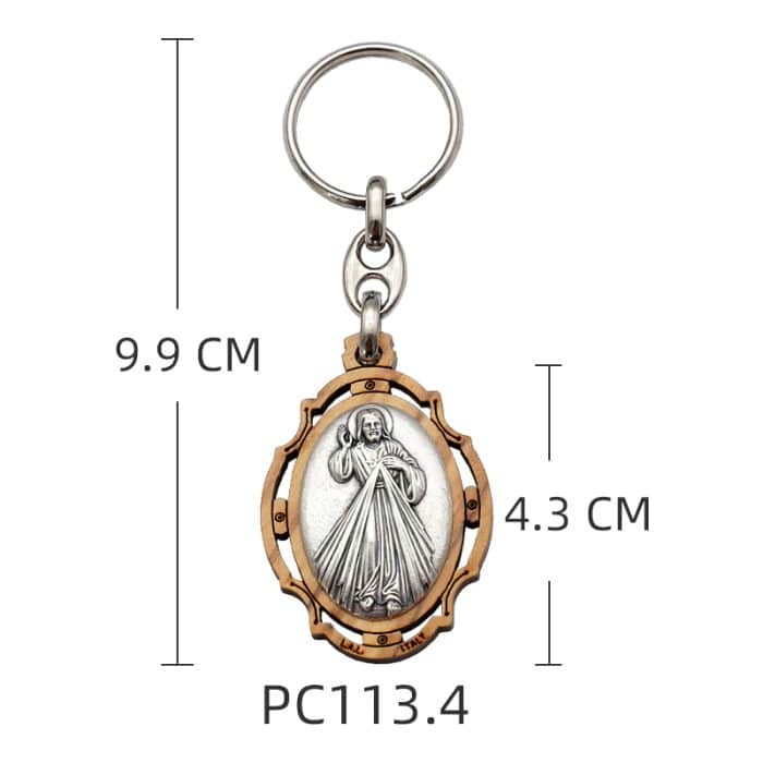 钥匙扣-上主慈悲-橄榄-镂空-带镀银合金圣牌-4.3x3.3cm Catholic religious art