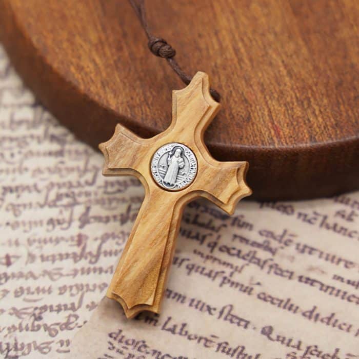 十字架-圣本笃-橄榄木制-异形设计-带环-4.8x3cm Catholic religious art