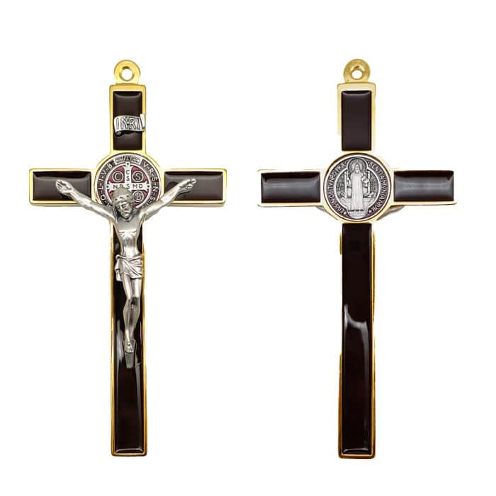 合金圣本笃十字架-金色棕色珐琅-19x10cm Catholic religious art