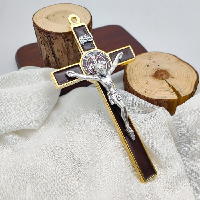 合金圣本笃十字架-金色棕色珐琅-19x10cm Catholic religious art