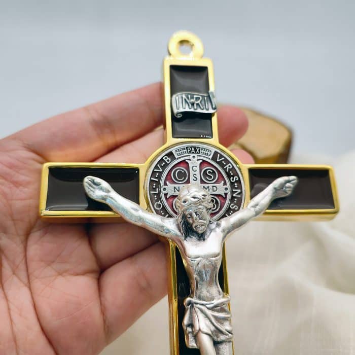 合金圣本笃十字架-金色棕色珐琅-19x10cm Catholic religious art