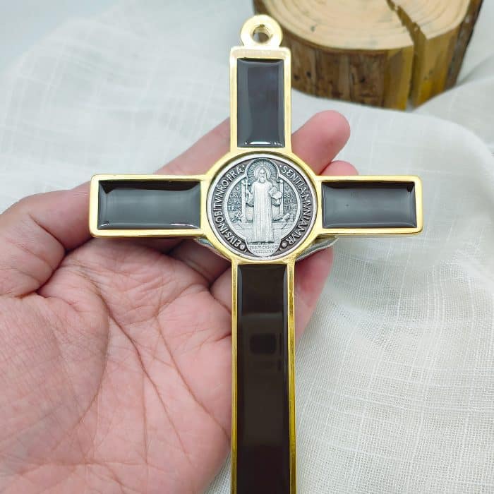 合金圣本笃十字架-金色棕色珐琅-19x10cm Catholic religious art