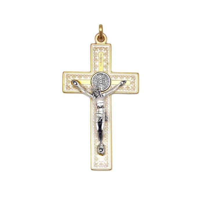配件十字架-圣本笃-带装饰图案-金色-珐琅处理-7.5x4.2cm-白色 Catholic religious art