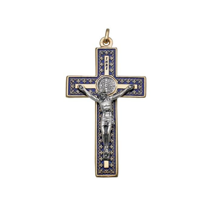 十字架-圣本笃-带装饰图案-金色-珐琅处理-带圈-蓝色-7.5x4.2cm Catholic religious art