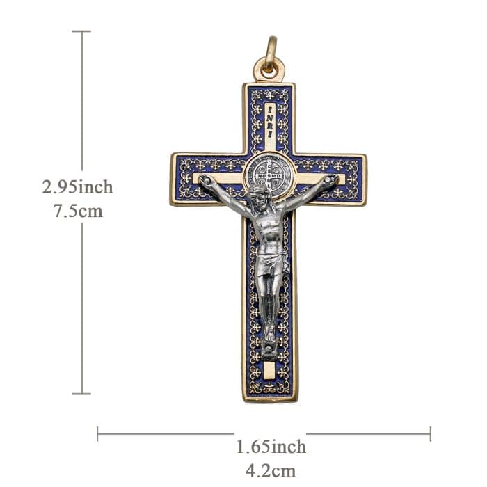 十字架-圣本笃-带装饰图案-金色-珐琅处理-带圈-蓝色-7.5x4.2cm Catholic religious art