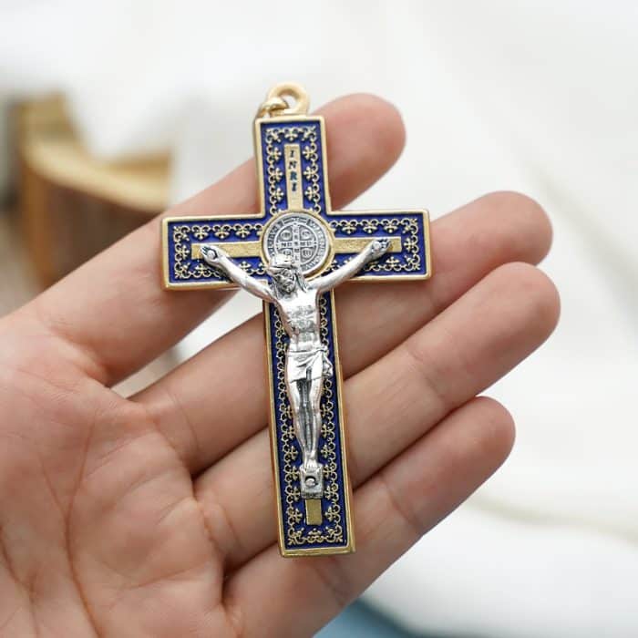 十字架-圣本笃-带装饰图案-金色-珐琅处理-带圈-蓝色-7.5x4.2cm Catholic religious art