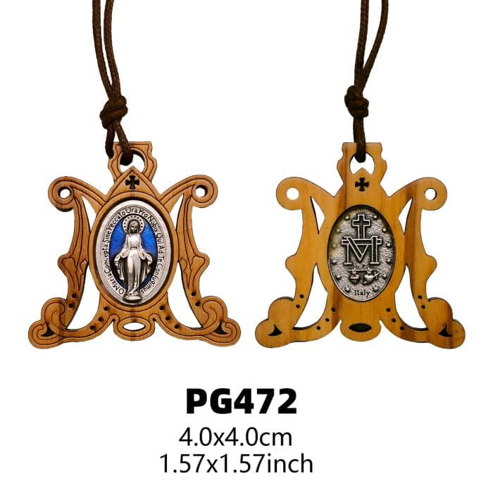 圣牌-橄榄木-“M”-带合金牌-带挂绳-4x4cm Catholic religious art
