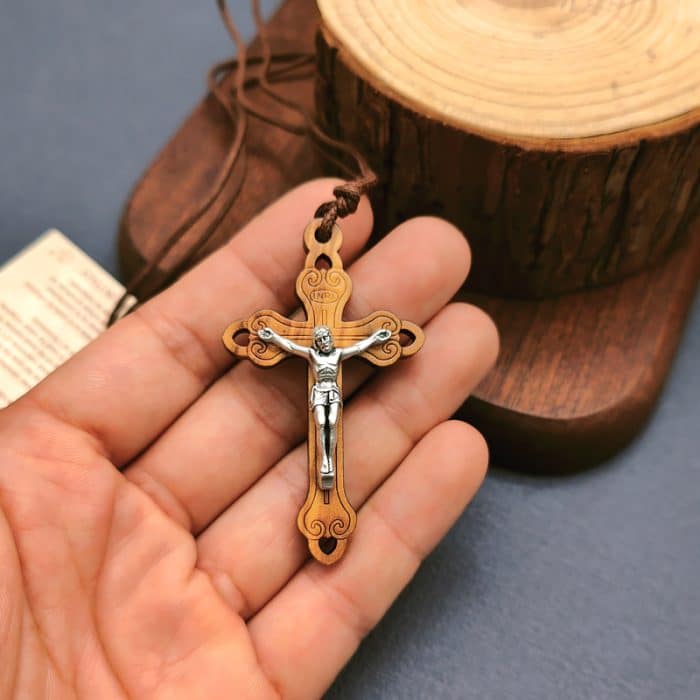 十字架-橄榄木-尖头设计合金圣尸-带挂绳带卡片带包装-5.3x3.4cm Catholic religious art