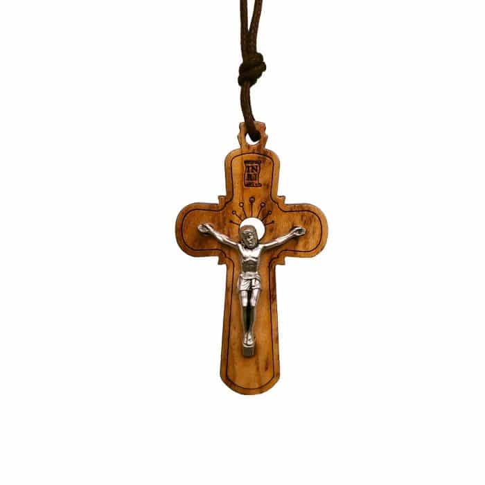 十字架-橄榄木-圆形合金圣尸-带挂绳带卡片带包装-5x3cm Catholic religious art