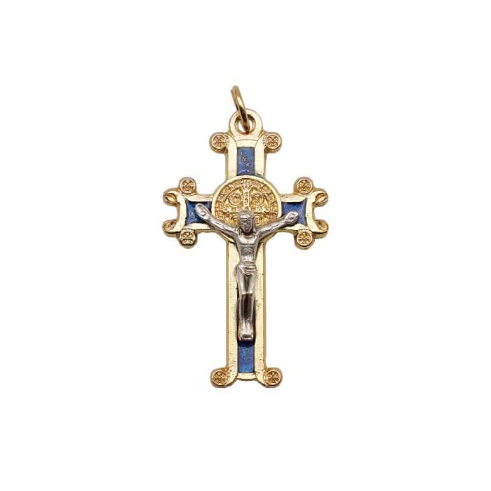 DIY十字架-圣本笃-锌合金-金色-蓝珐琅-4x2.5cm Catholic religious art