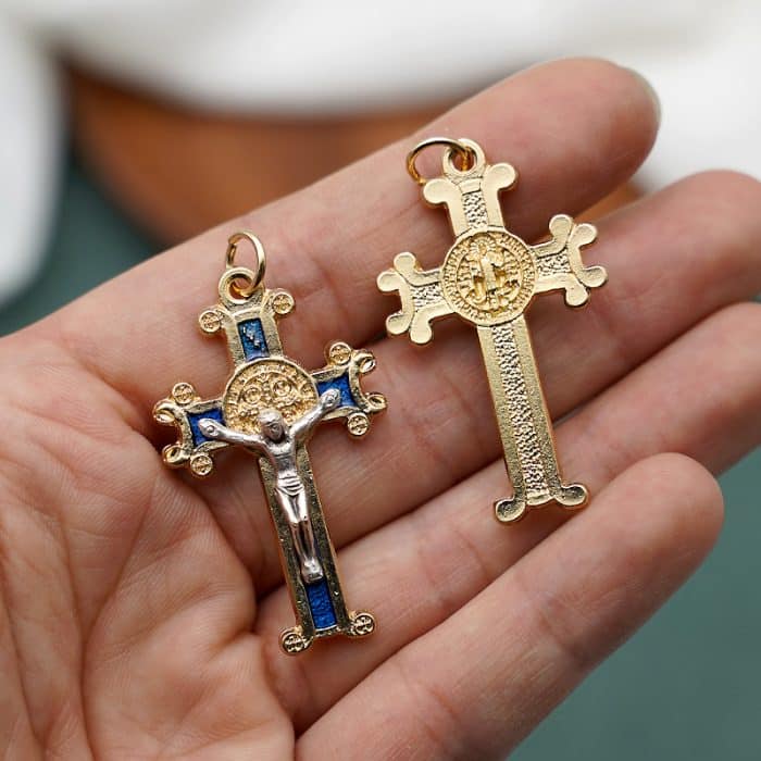 DIY十字架-圣本笃-锌合金-金色-蓝珐琅-4x2.5cm Catholic religious art