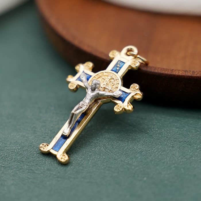 DIY十字架-圣本笃-锌合金-金色-蓝珐琅-4x2.5cm Catholic religious art