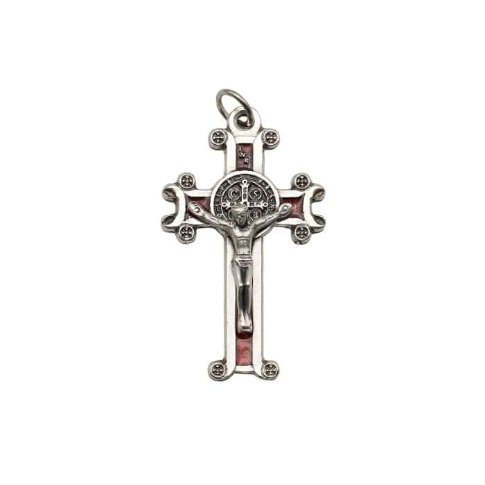 DIY十字架-圣本笃-镀银合金-红珐琅-4x2.5cm Catholic religious art