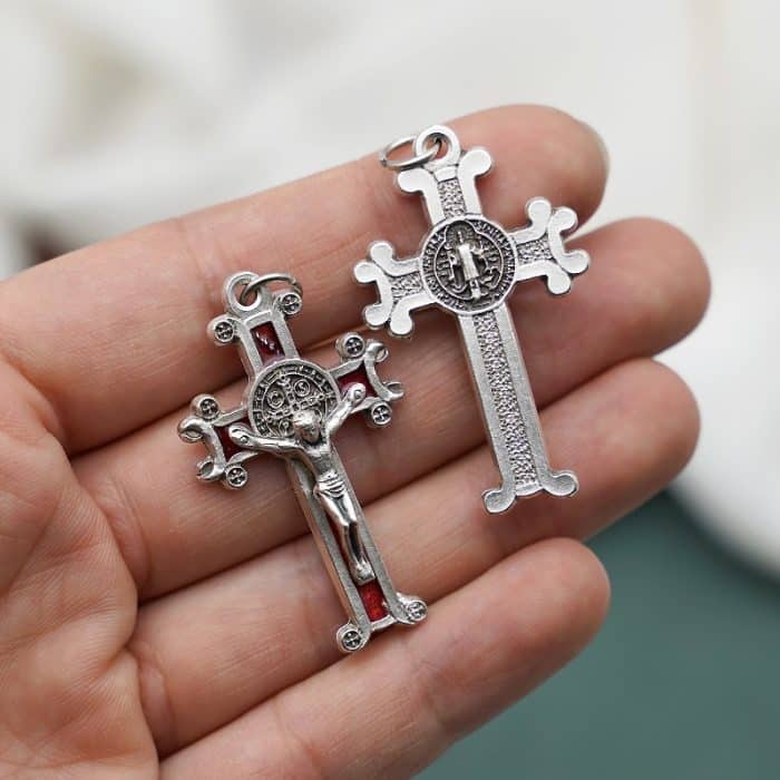 DIY十字架-圣本笃-镀银合金-红珐琅-4x2.5cm Catholic religious art