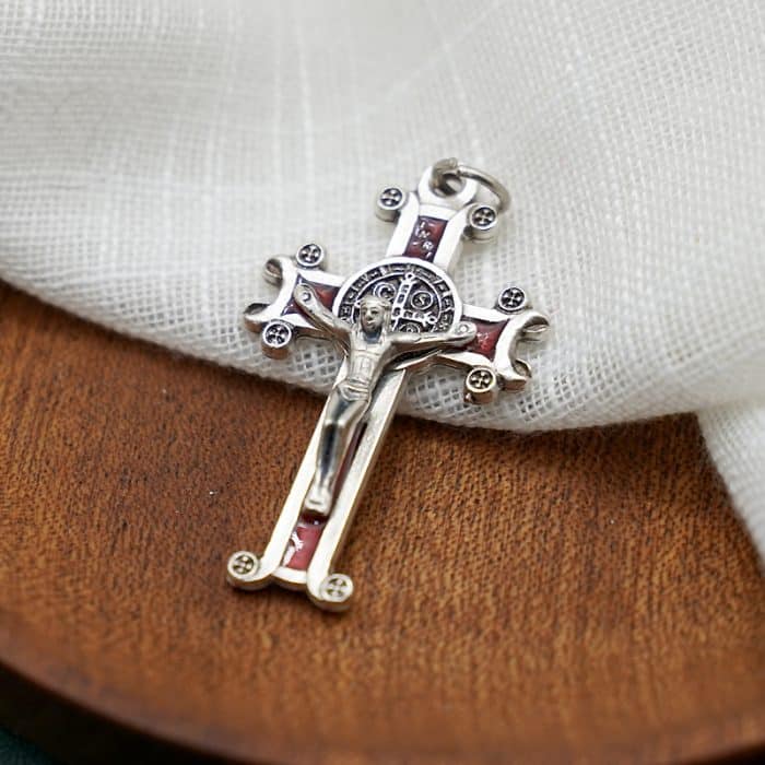 DIY十字架-圣本笃-镀银合金-红珐琅-4x2.5cm Catholic religious art