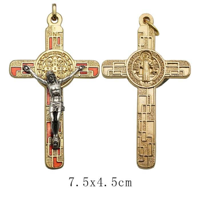 合金圣本笃十字架-金色-红珐琅-带包装盒-7.5x4.5cm Catholic religious art