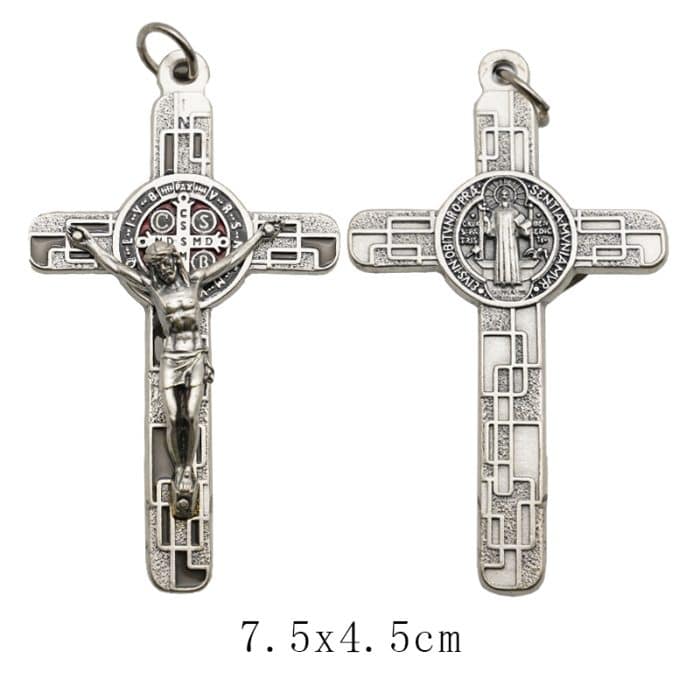 合金圣本笃十字架-镀银-珐琅处理-带包装盒-7.5x4.5cm-黑色 Catholic religious art