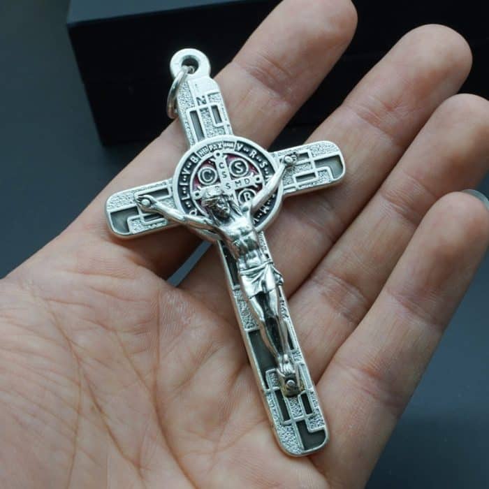 合金圣本笃十字架-镀银-珐琅处理-带包装盒-7.5x4.5cm-黑色 Catholic religious art