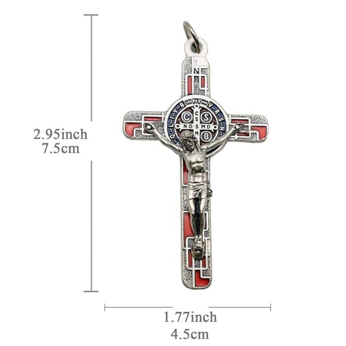 合金圣本笃十字架-镀银-珐琅处理-带包装盒-7.5x4.5cm-红色 Catholic religious art