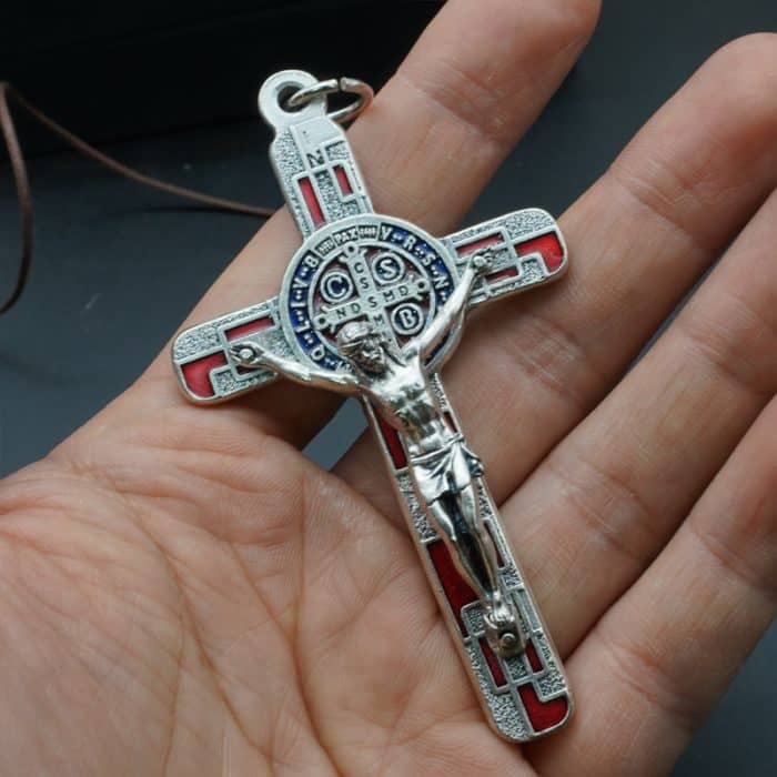 合金圣本笃十字架-镀银-珐琅处理-带包装盒-7.5x4.5cm-红色 Catholic religious art