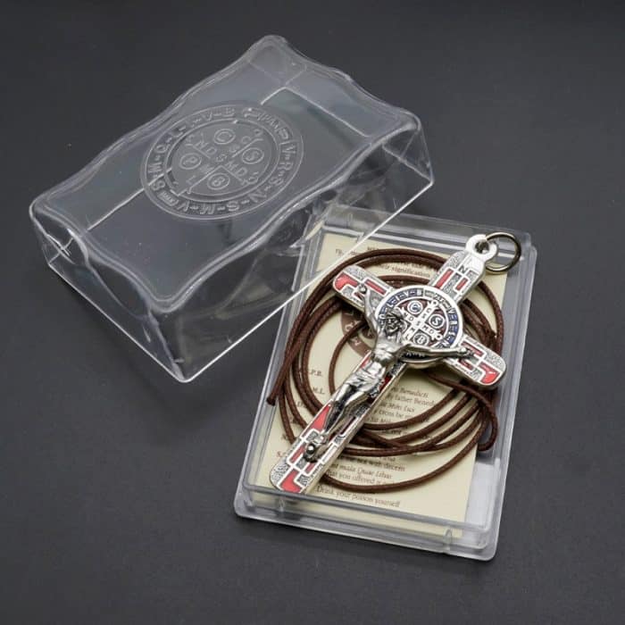 合金圣本笃十字架-镀银-珐琅处理-带包装盒-7.5x4.5cm-红色 Catholic religious art