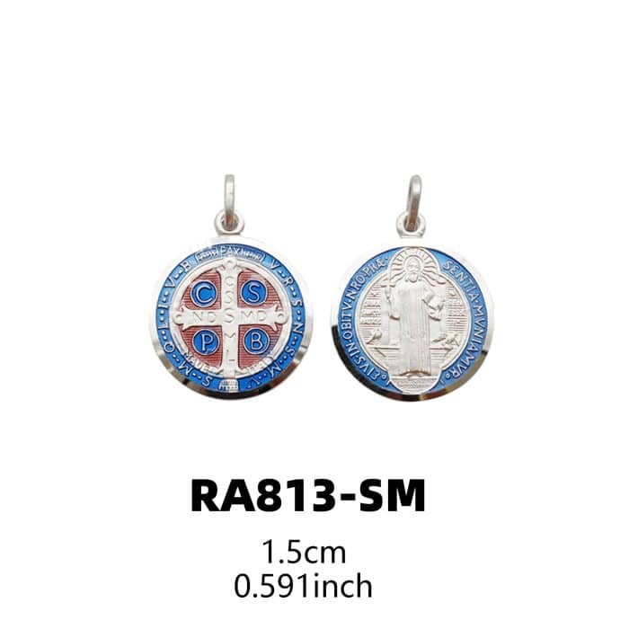 珐琅彩圣本笃圣牌-925银-15mm Catholic religious art