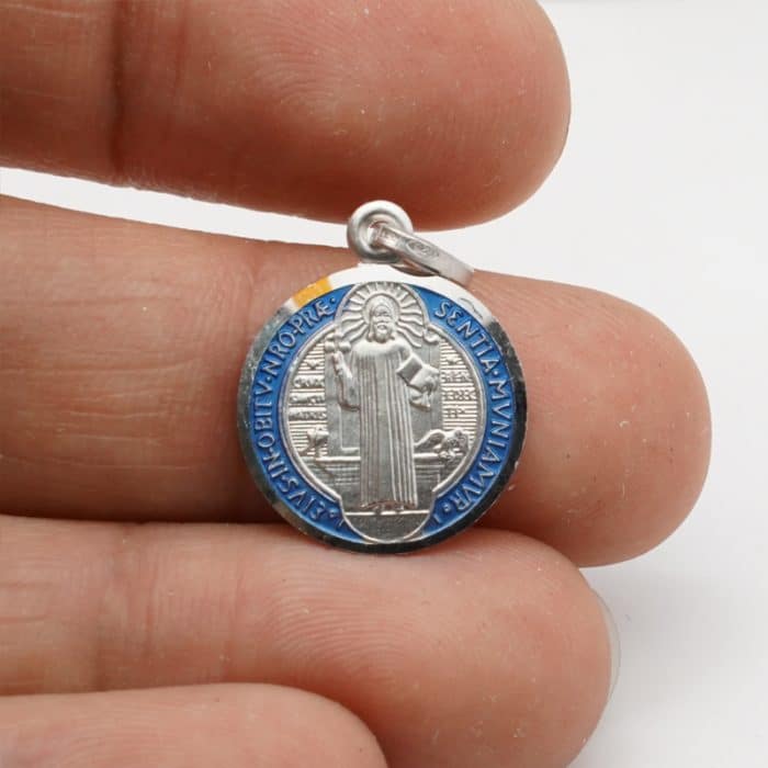 珐琅彩圣本笃圣牌-925银-15mm Catholic religious art