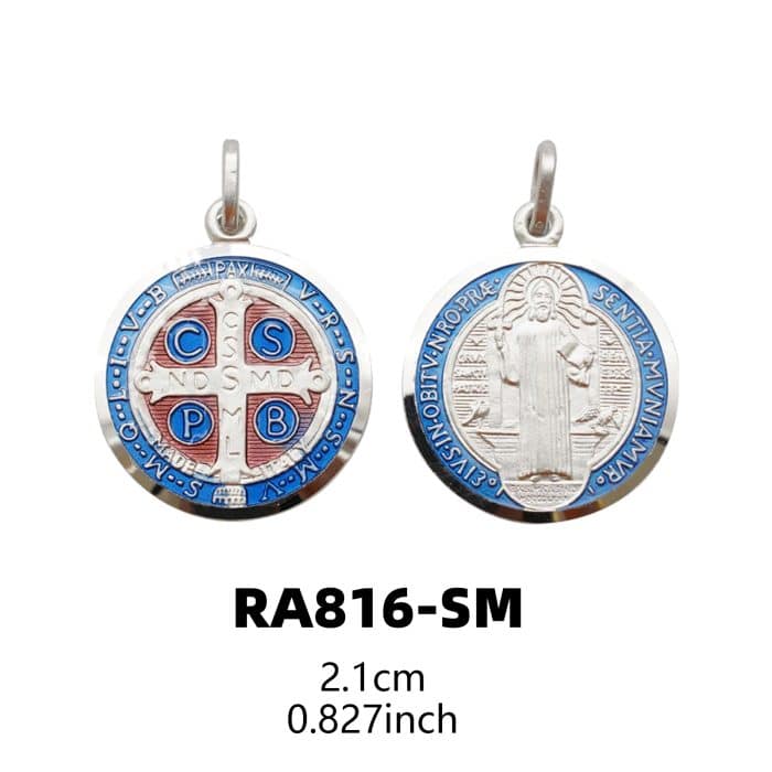 珐琅彩圣本笃圣牌-925银-21mm Catholic religious art