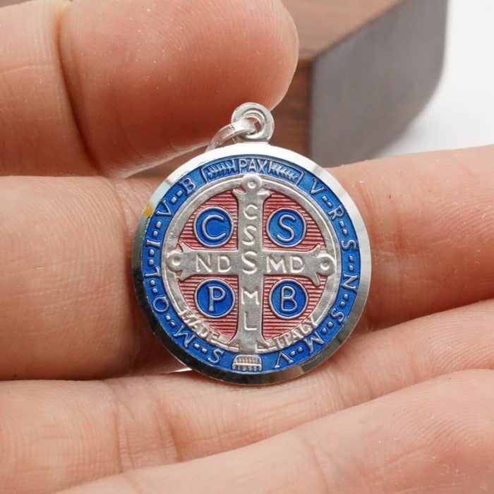 珐琅彩圣本笃圣牌-925银-21mm Catholic religious art