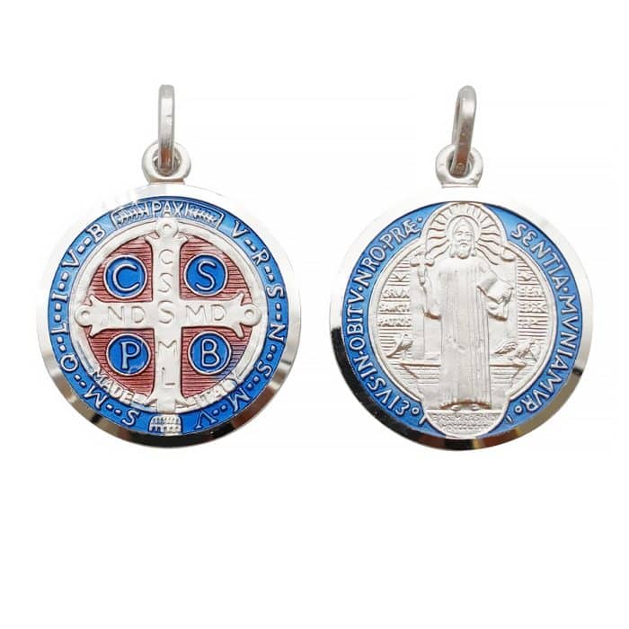 珐琅彩圣本笃圣牌-925银-25mm Catholic religious art