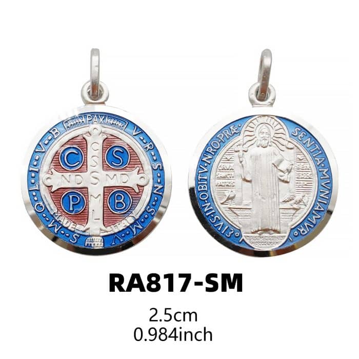 珐琅彩圣本笃圣牌-925银-25mm Catholic religious art